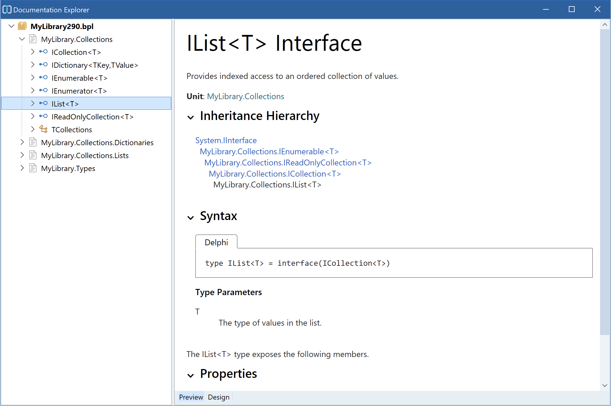 Documentation Explorer showing the IList interface and its generated documentation