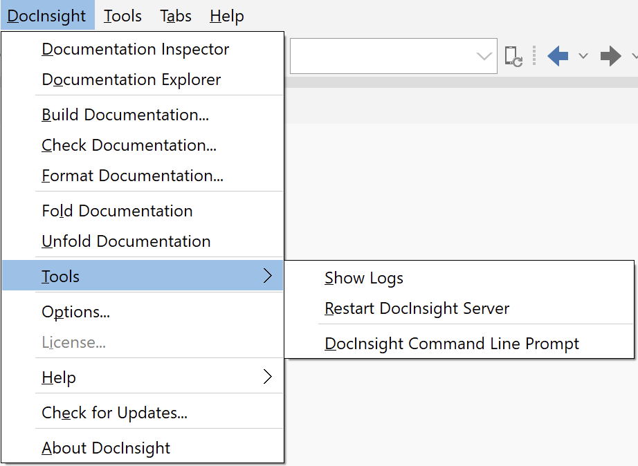 DocInsight menu and Tools submenu in the Delphi IDE