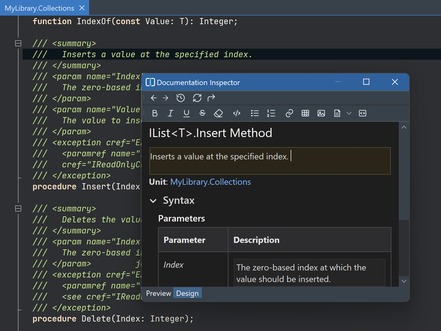 Documentation Inspector in the Delphi IDE dark theme