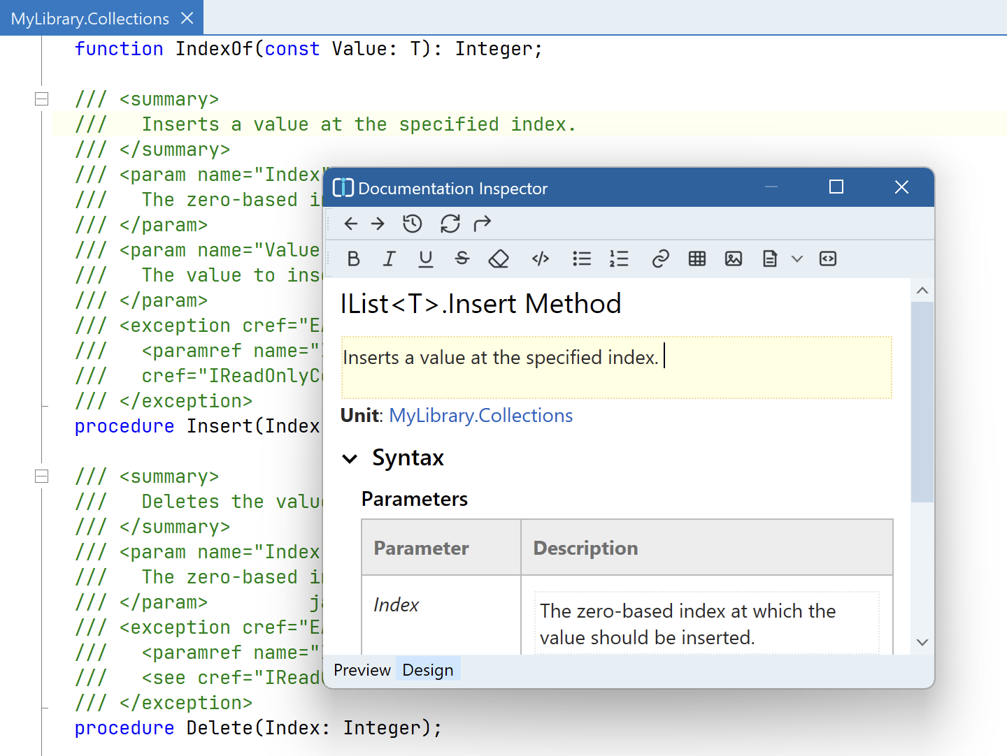 Documentation Inspector editing the IList.Insert method in Delphi