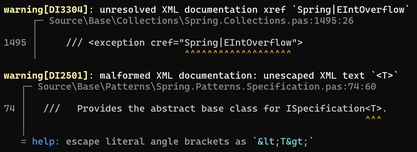 CLI diagnostics highlighting XML documentation problems and suggesting a fix