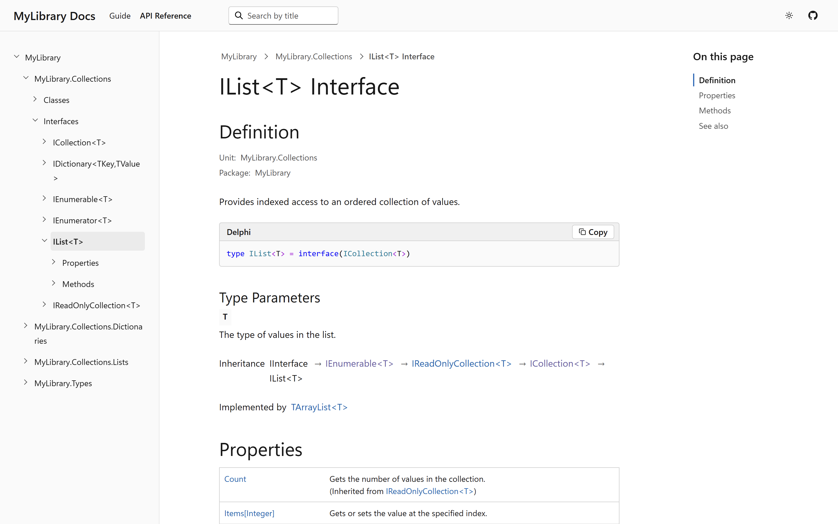 A DocInsight HTML site containing a guide and generated Delphi API reference